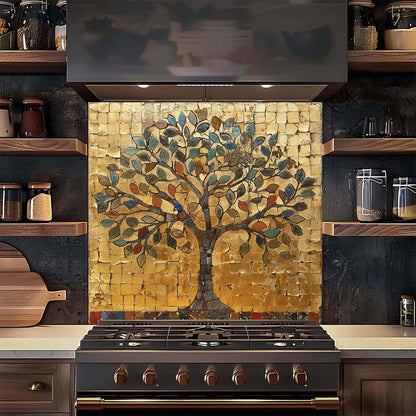 Kitchen stove with a decorative mosaic tree backsplash