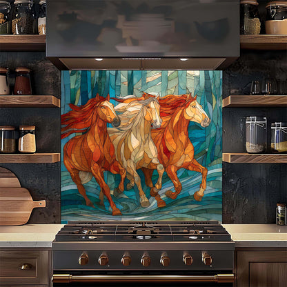 Three galloping horses in a stained glass forest design on tempered glass backsplash, adding motion, warmth, and artistic depth to kitchens.