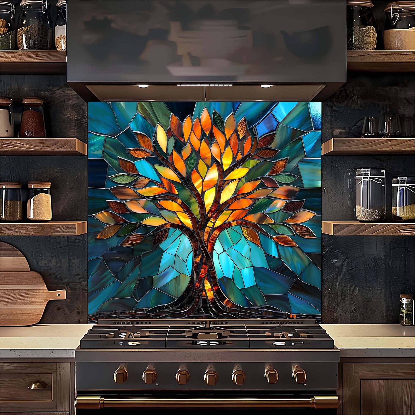 Kitchen stove with a colorful stained glass-style tree backsplash