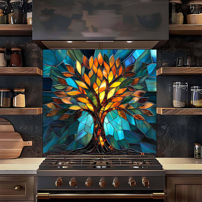 Kitchen stove with a colorful stained glass-style tree backsplash