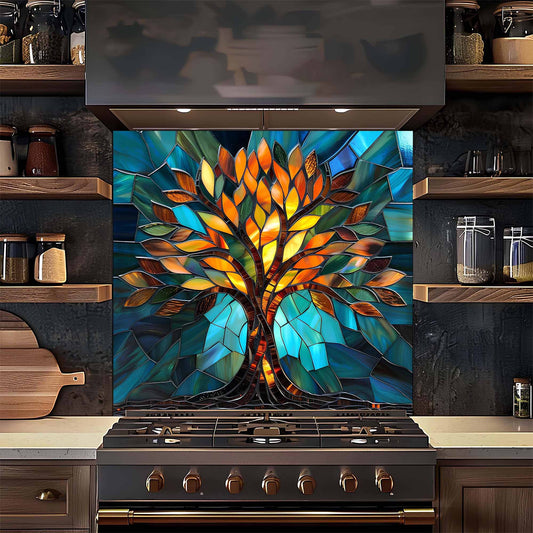 Kitchen stove with a colorful stained glass-style tree backsplash