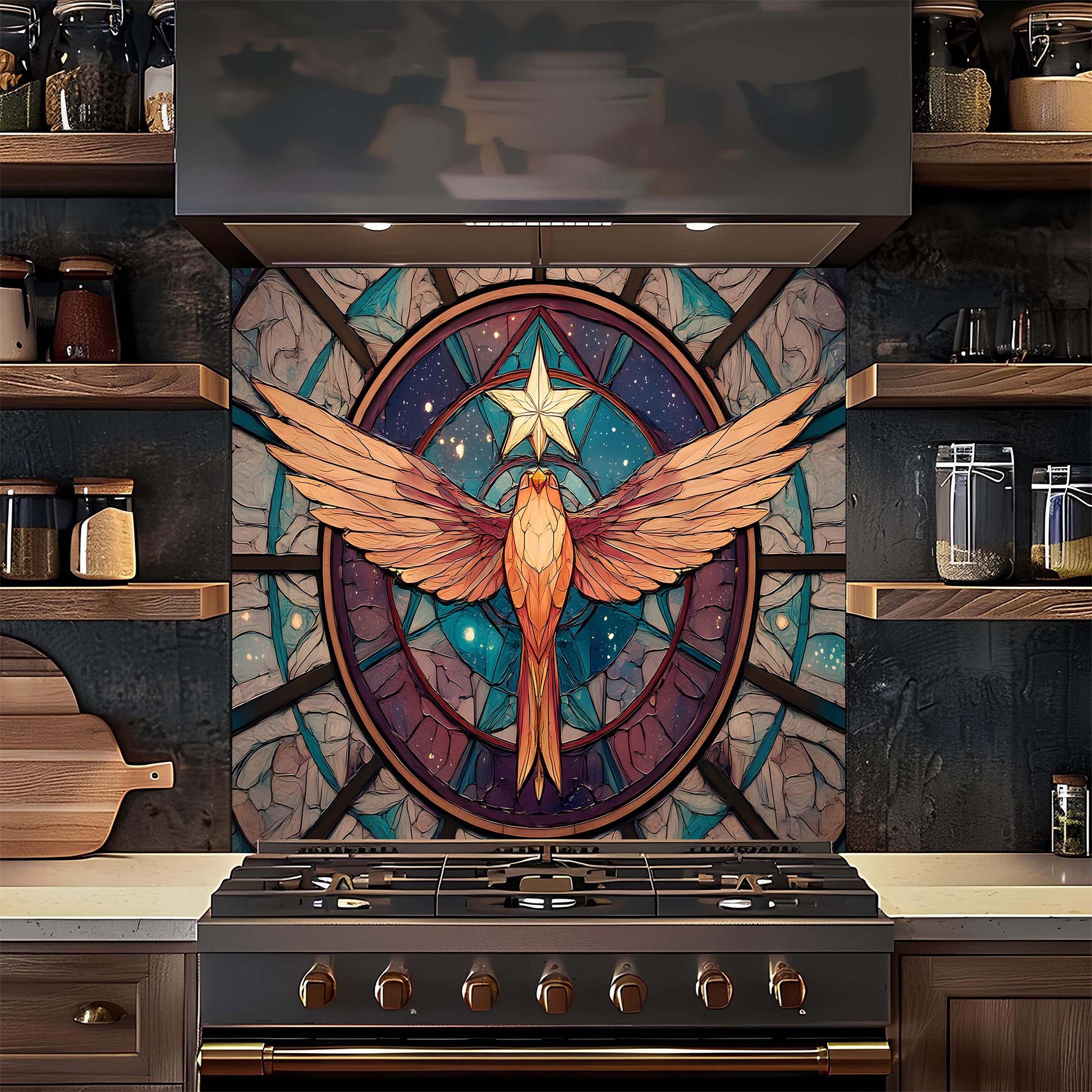 Kitchen stove with a decorative phoenix tile on the backsplash