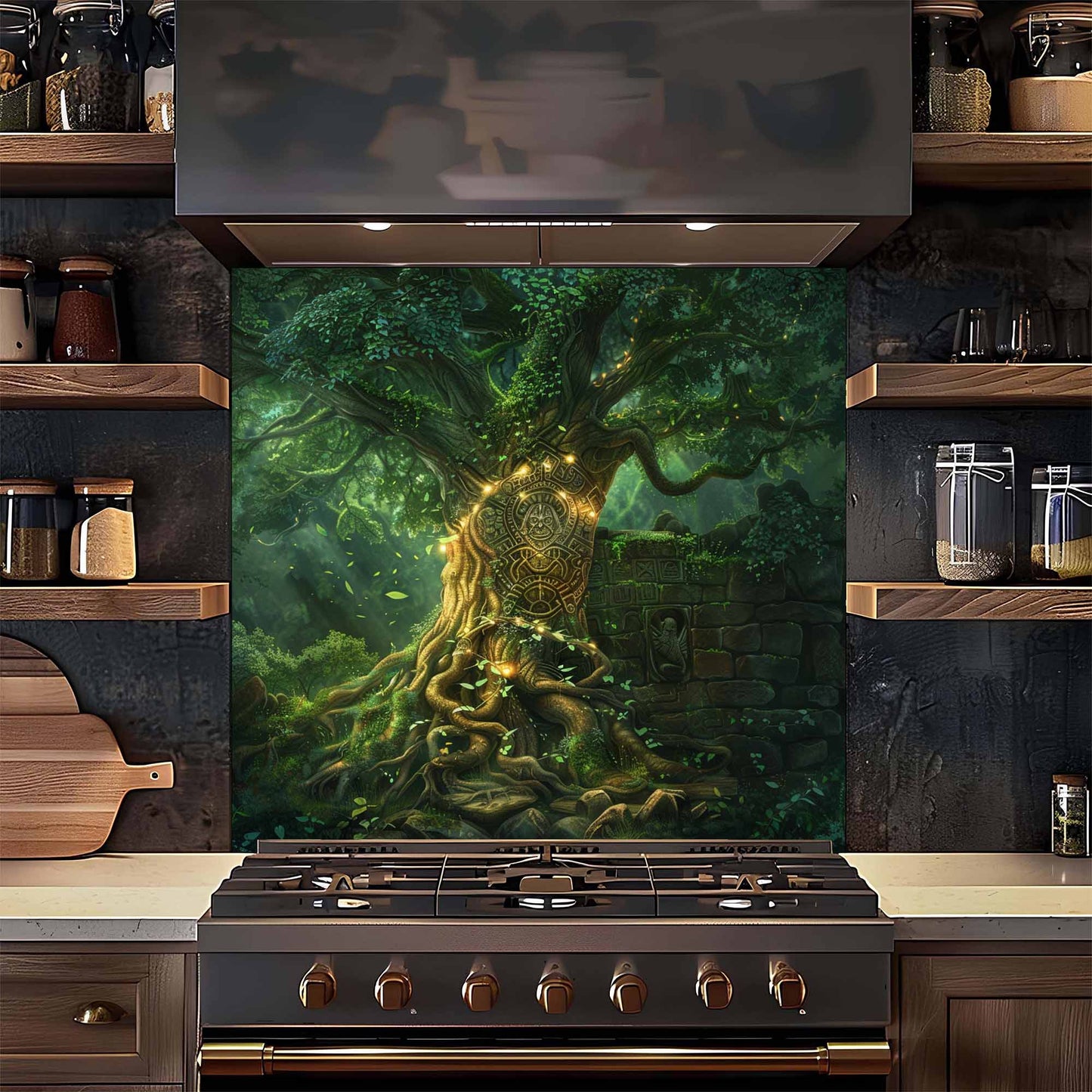 Kitchen with a decorative glass backsplash featuring a tree design above a stove.