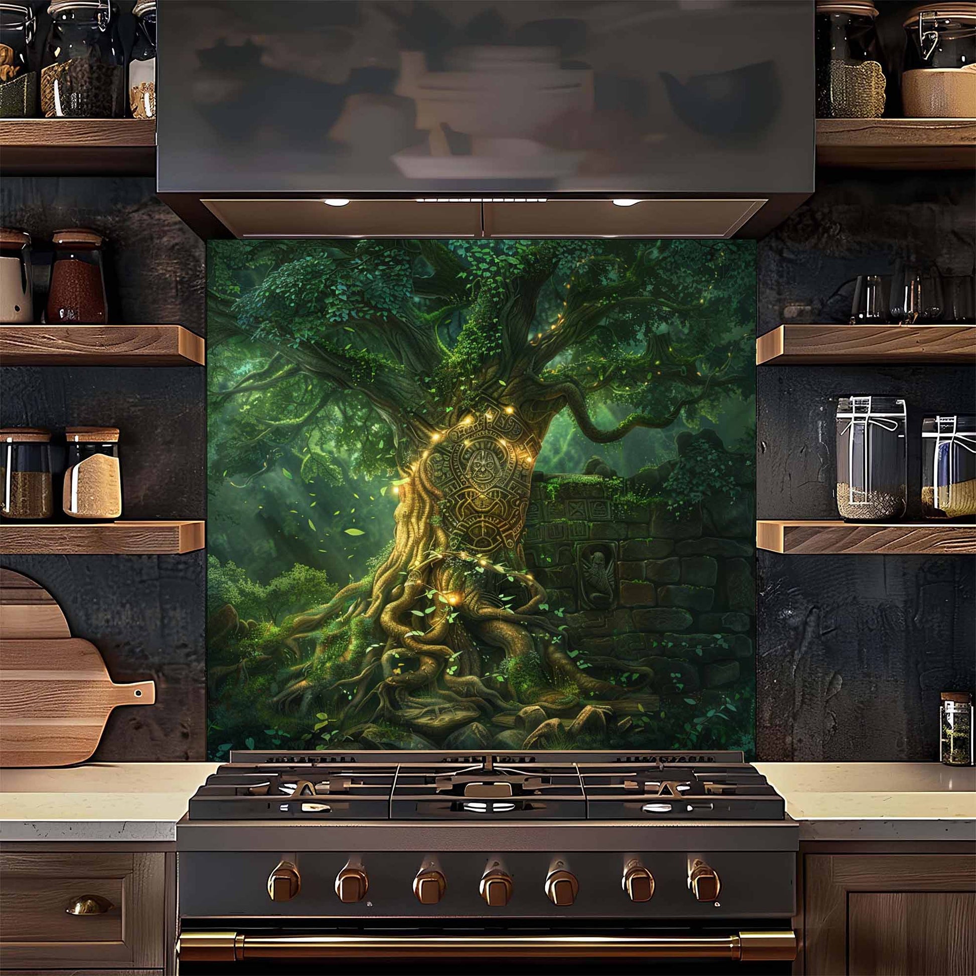 Kitchen with a decorative glass backsplash featuring a tree design above a stove.