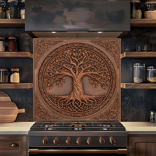 Decorative kitchen backsplash with tree design above a stove in a kitchen setting.
