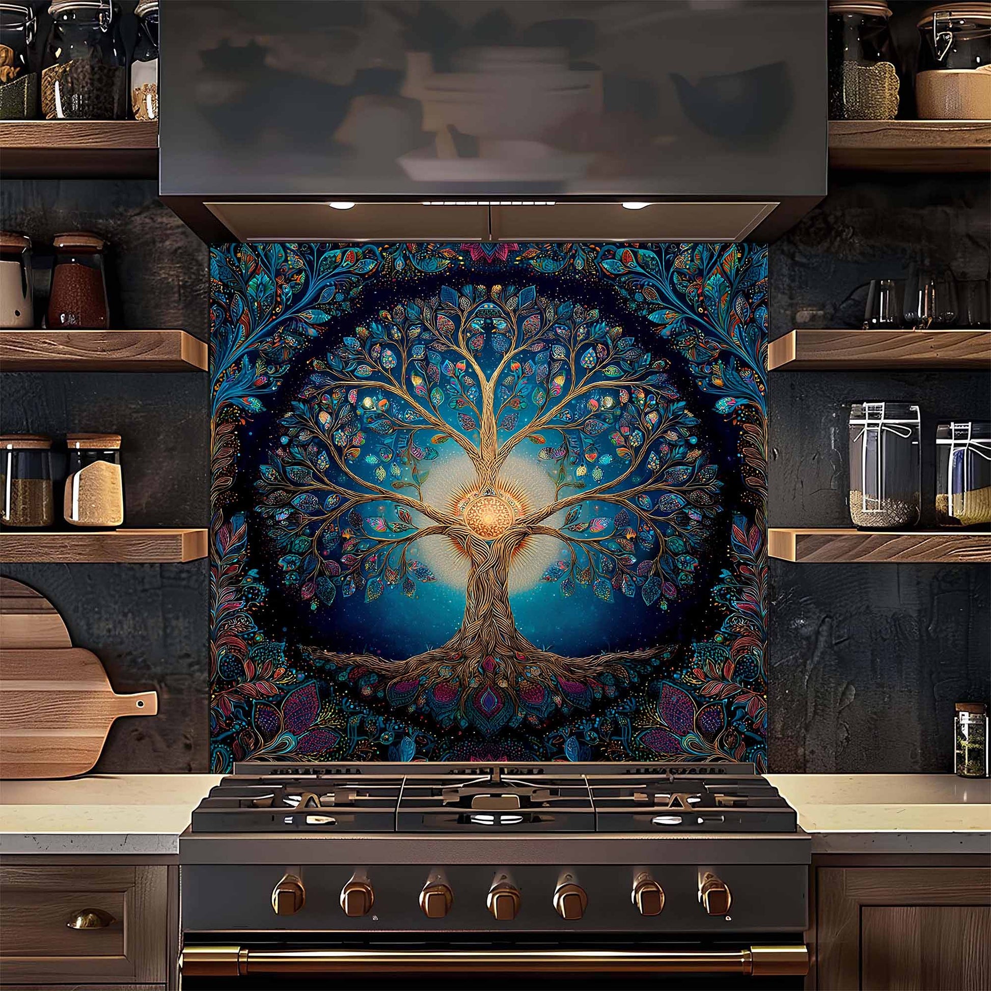 Decorative wall mural with a tree of life design above a stove in a kitchen.