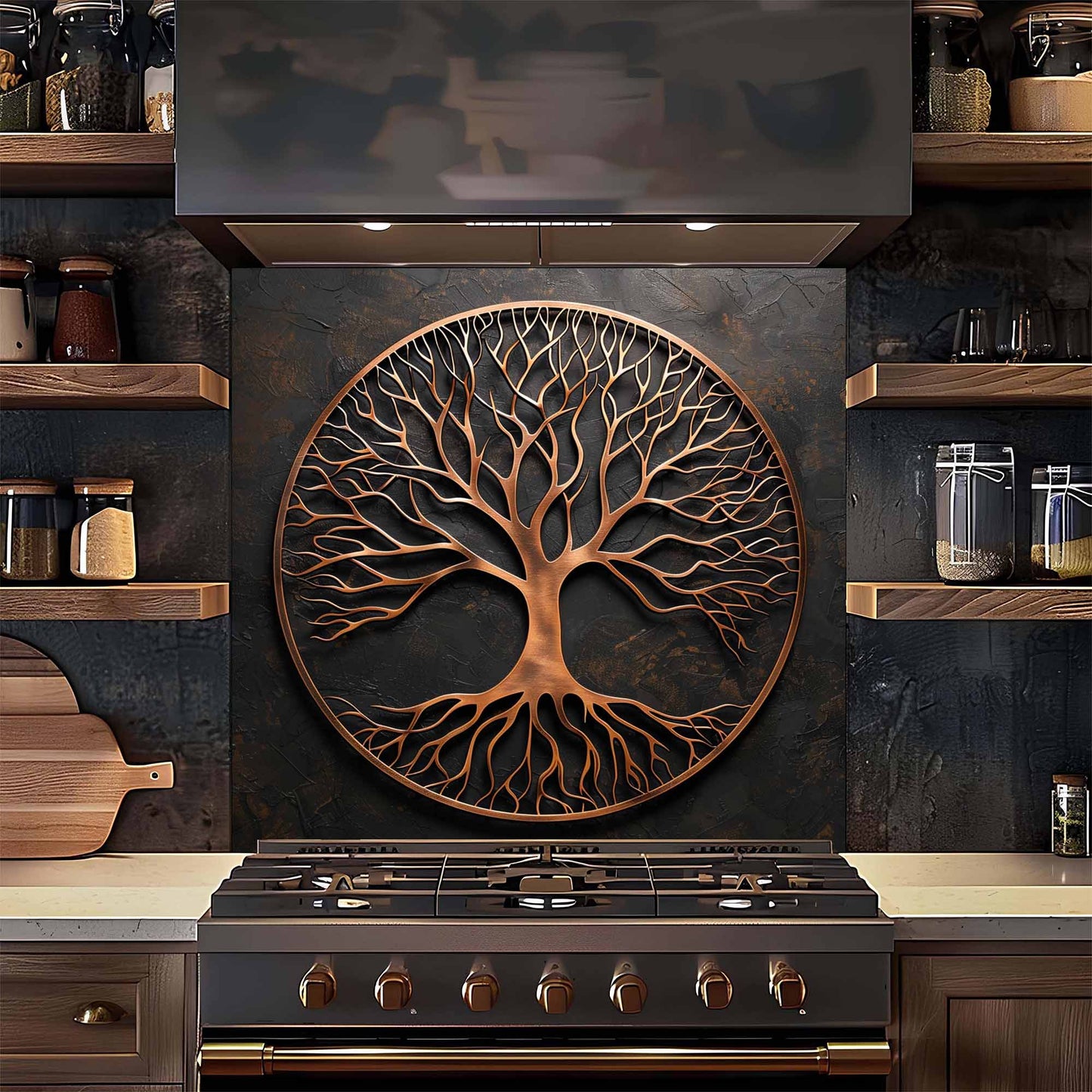 Decorative backsplash of a tree with roots above a stove in a kitchen setting.