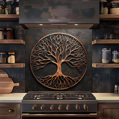 Decorative backsplash of a tree with roots above a stove in a kitchen setting.