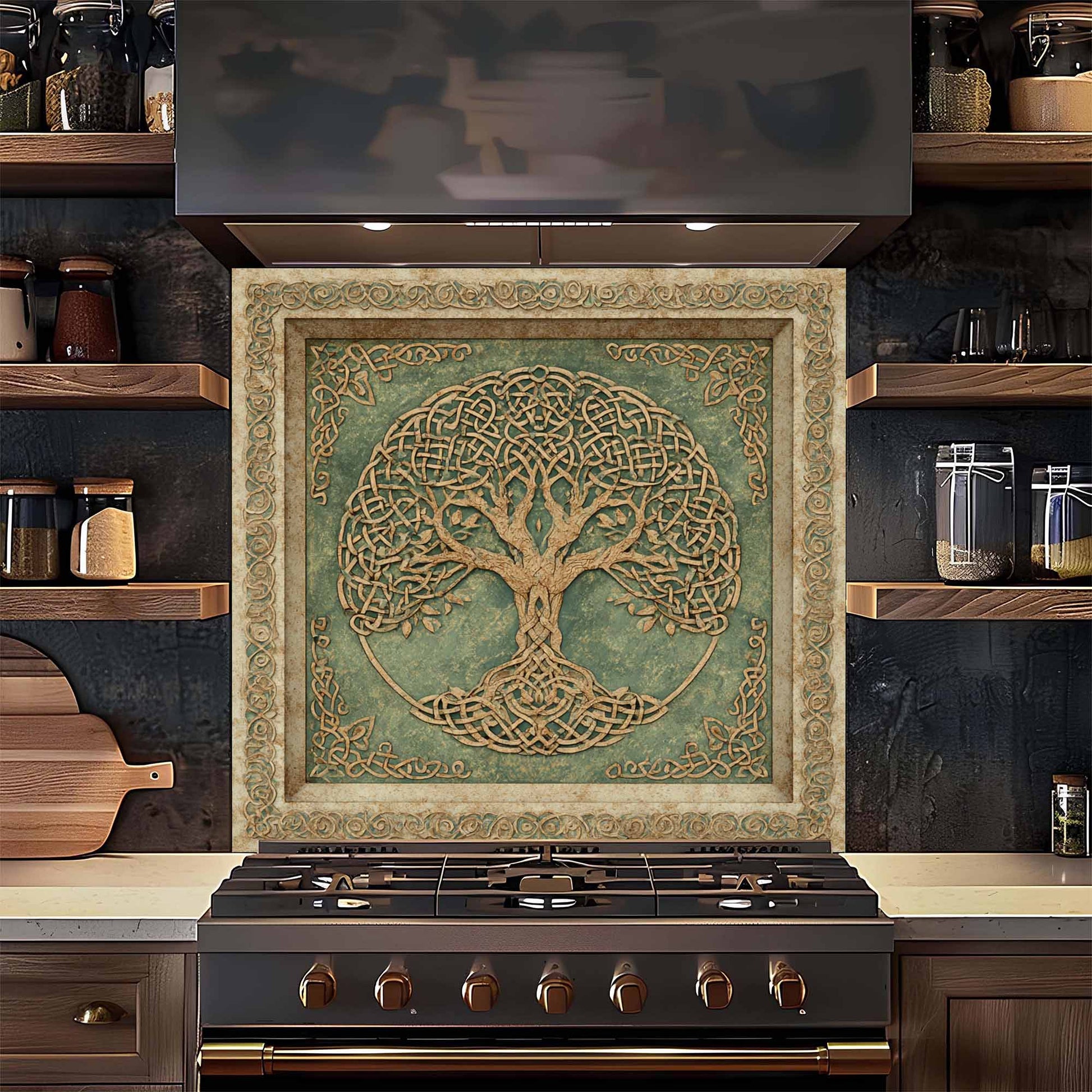Decorative backsplash with tree design above a stove in a kitchen setting.
