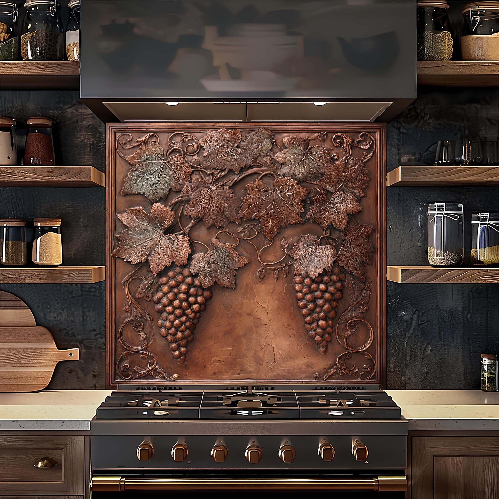 Decorative backsplash with grapevine design above a stove in a kitchen.