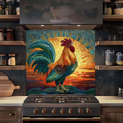 Kitchen with a colorful mosaic rooster backsplash above a stove.