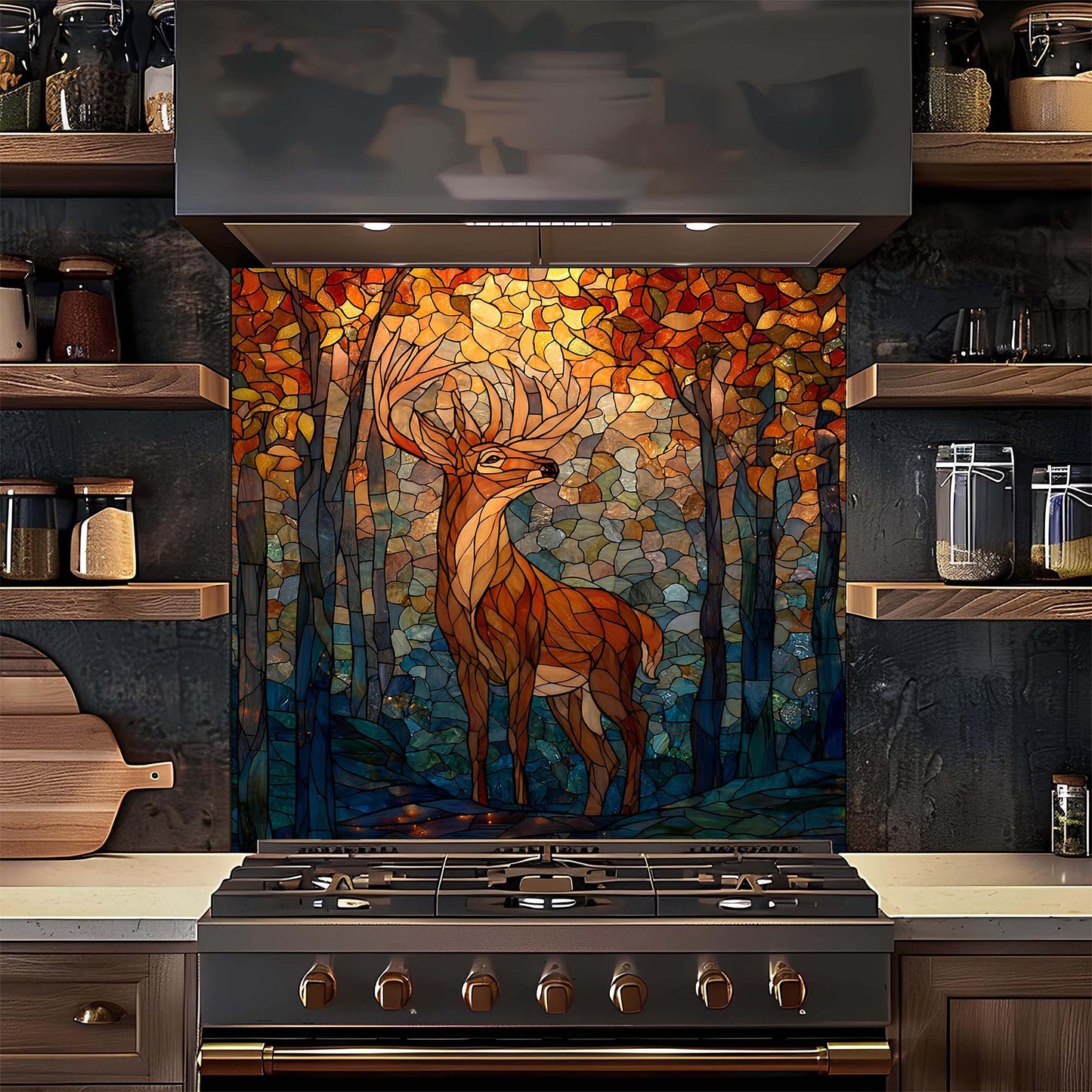 Kitchen with a decorative glass backsplash featuring a deer in a forest design above a stove.