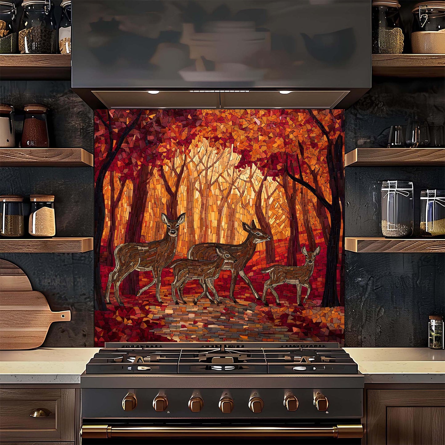 Kitchen stove with a decorative glass splashback featuring deer in a forest design.