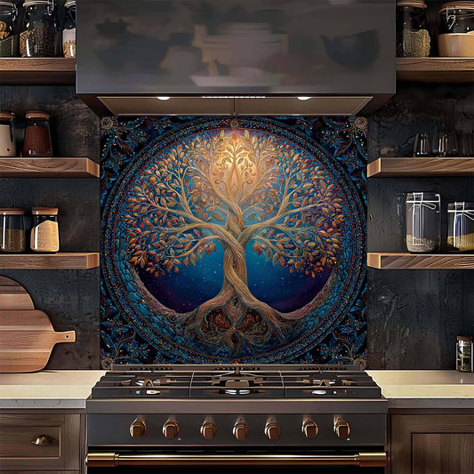 Kitchen with a decorative wall panel featuring a tree design above a stove.