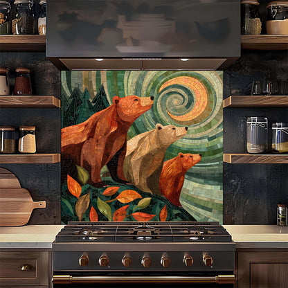 A symbolic bear family gazing at a spiral sky, printed on a tempered glass backsplash that adds warmth, meaning, and woodland calm to kitchens.