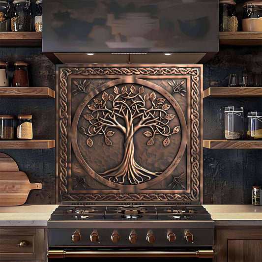 Decorative copper tree of life design on a kitchen stove backsplash.