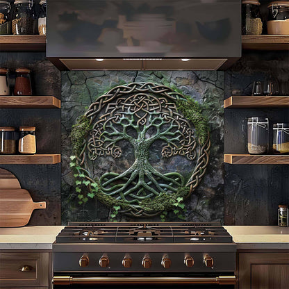 Tempered glass kitchen backsplash with tree design green color