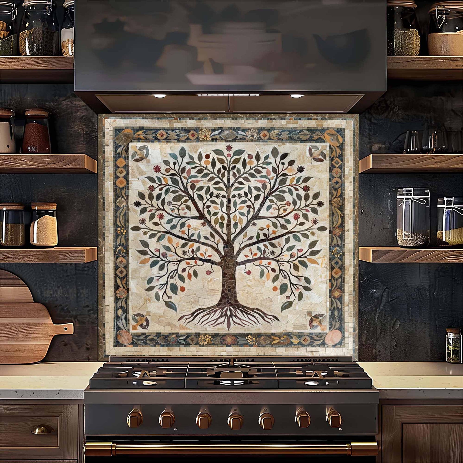 Glass backsplash with a tree design above a stove in a kitchen setting.