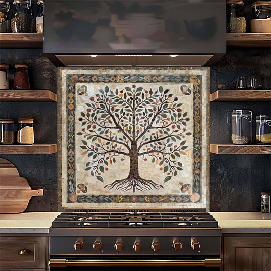 Glass backsplash with a tree design above a stove in a kitchen setting.