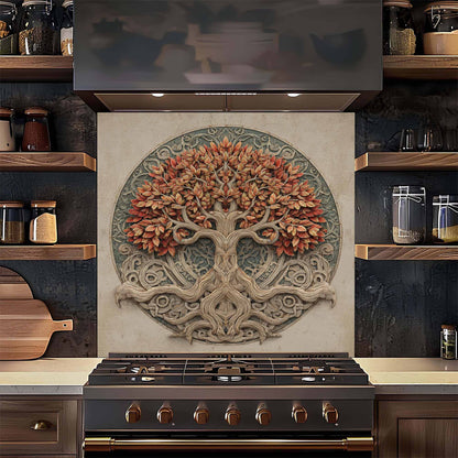 Decorative backsplash of a tree with autumn leaves above a stove in a kitchen.