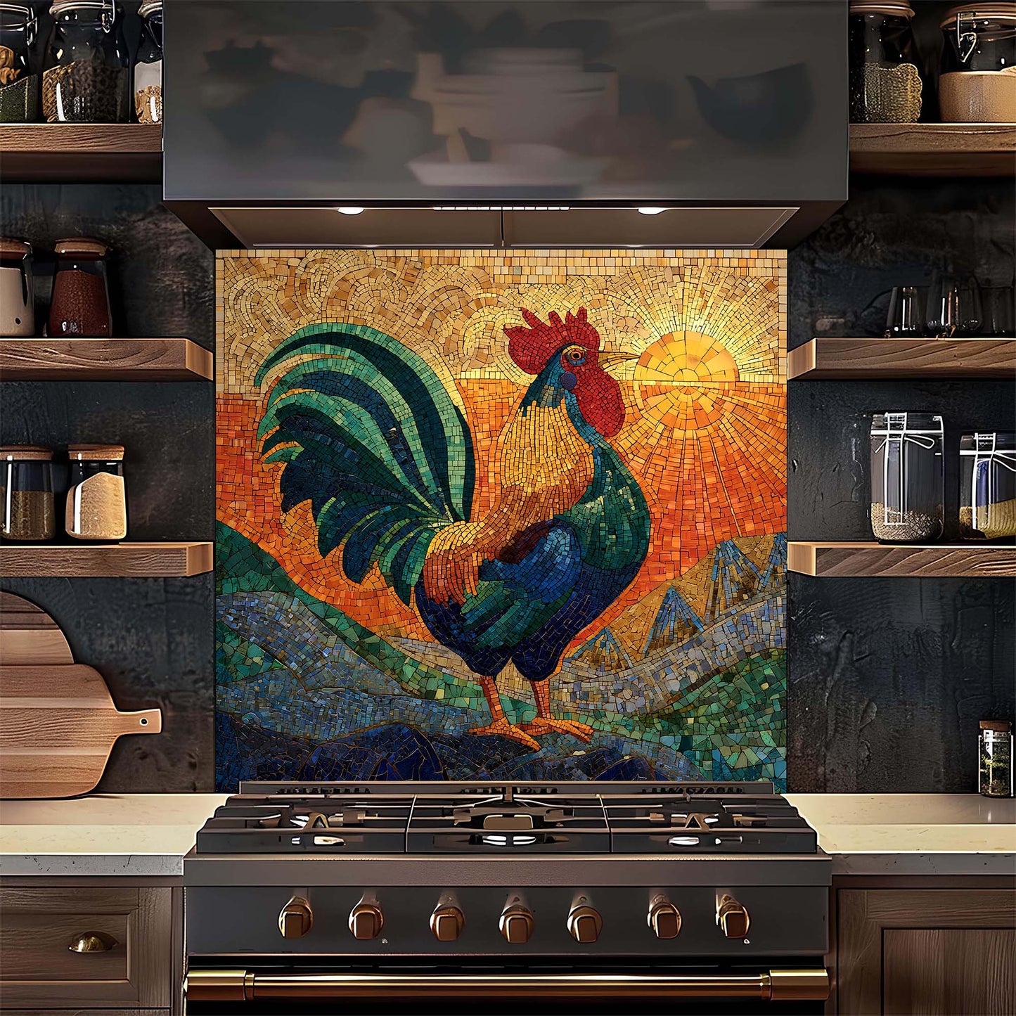 Golden sunrise rooster mosaic on tempered glass kitchen backsplash with blue and green waves