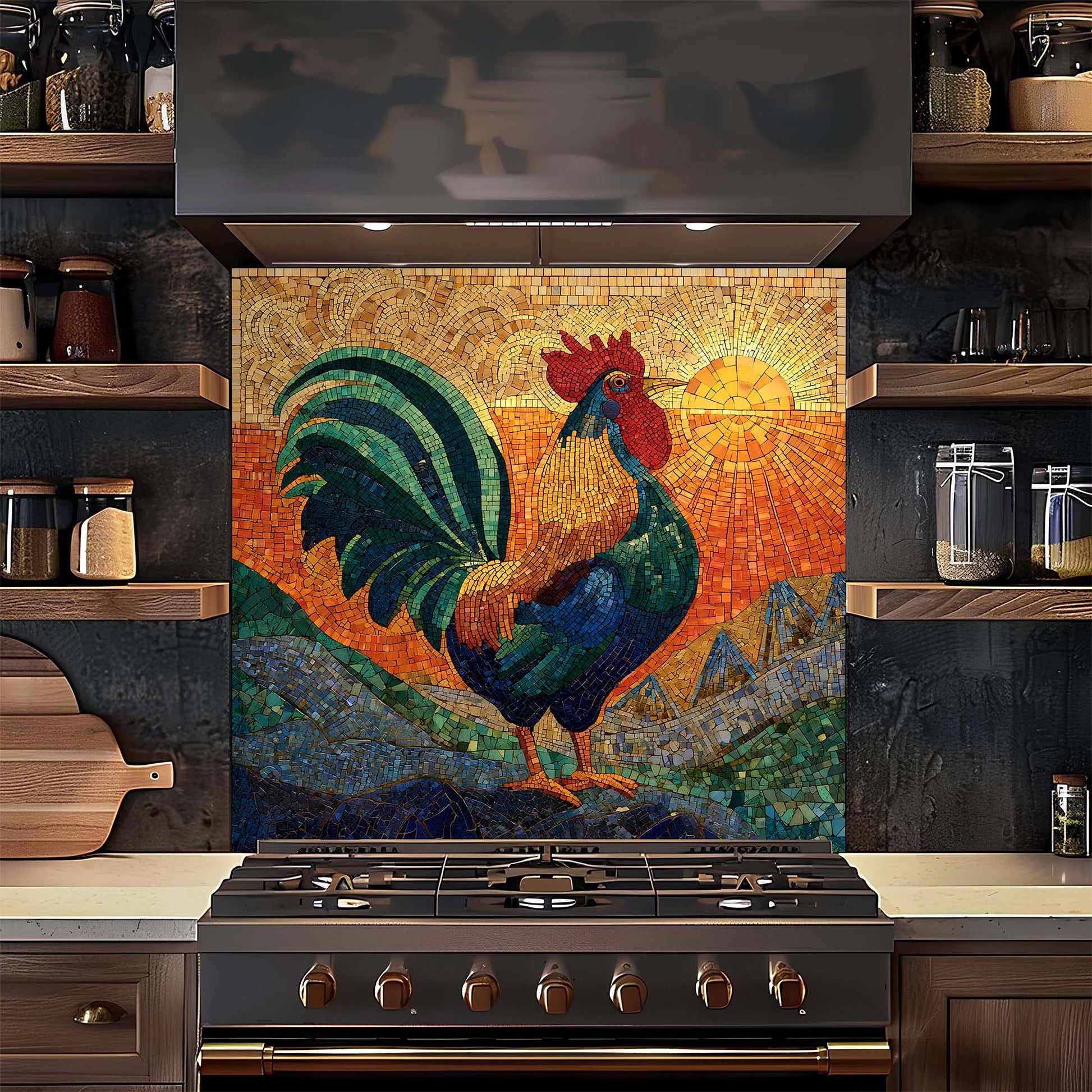 Golden sunrise rooster mosaic on tempered glass kitchen backsplash with blue and green waves