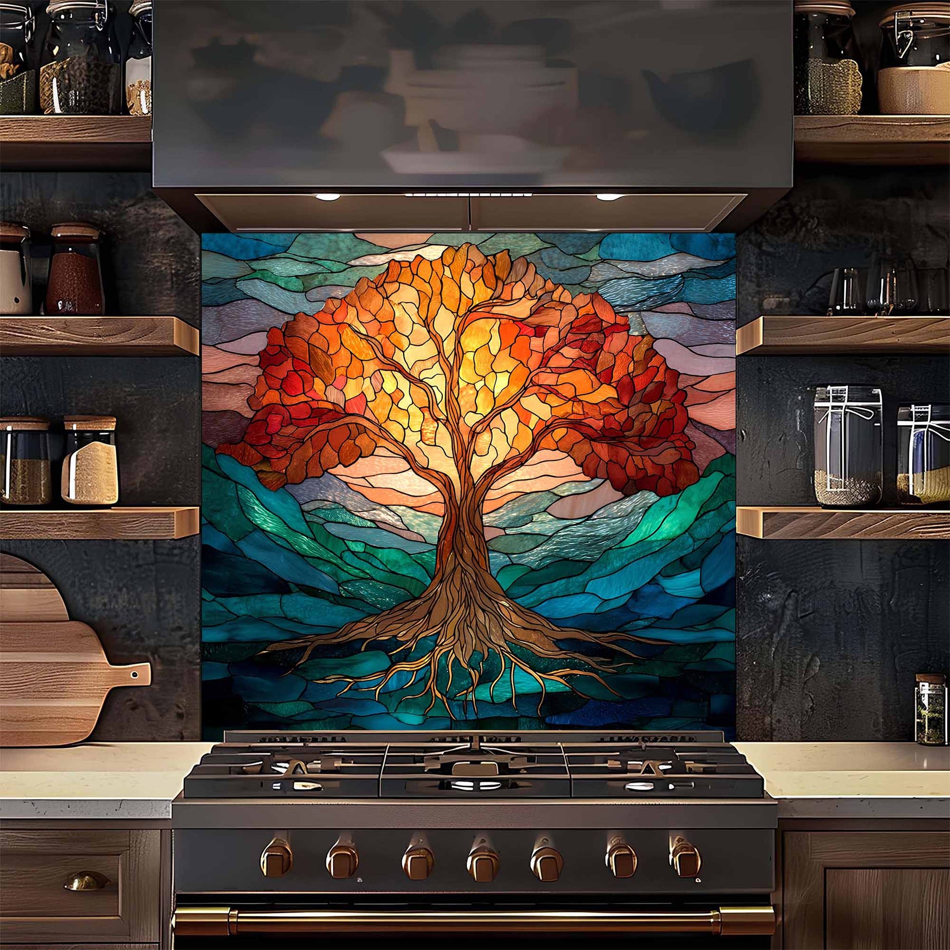 Stylized tree of life design on a kitchen backsplash above a stove.