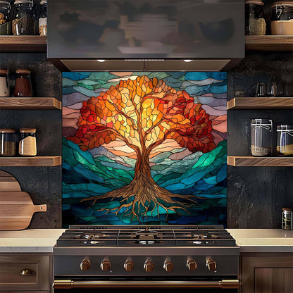 Stylized tree of life design on a kitchen backsplash above a stove.