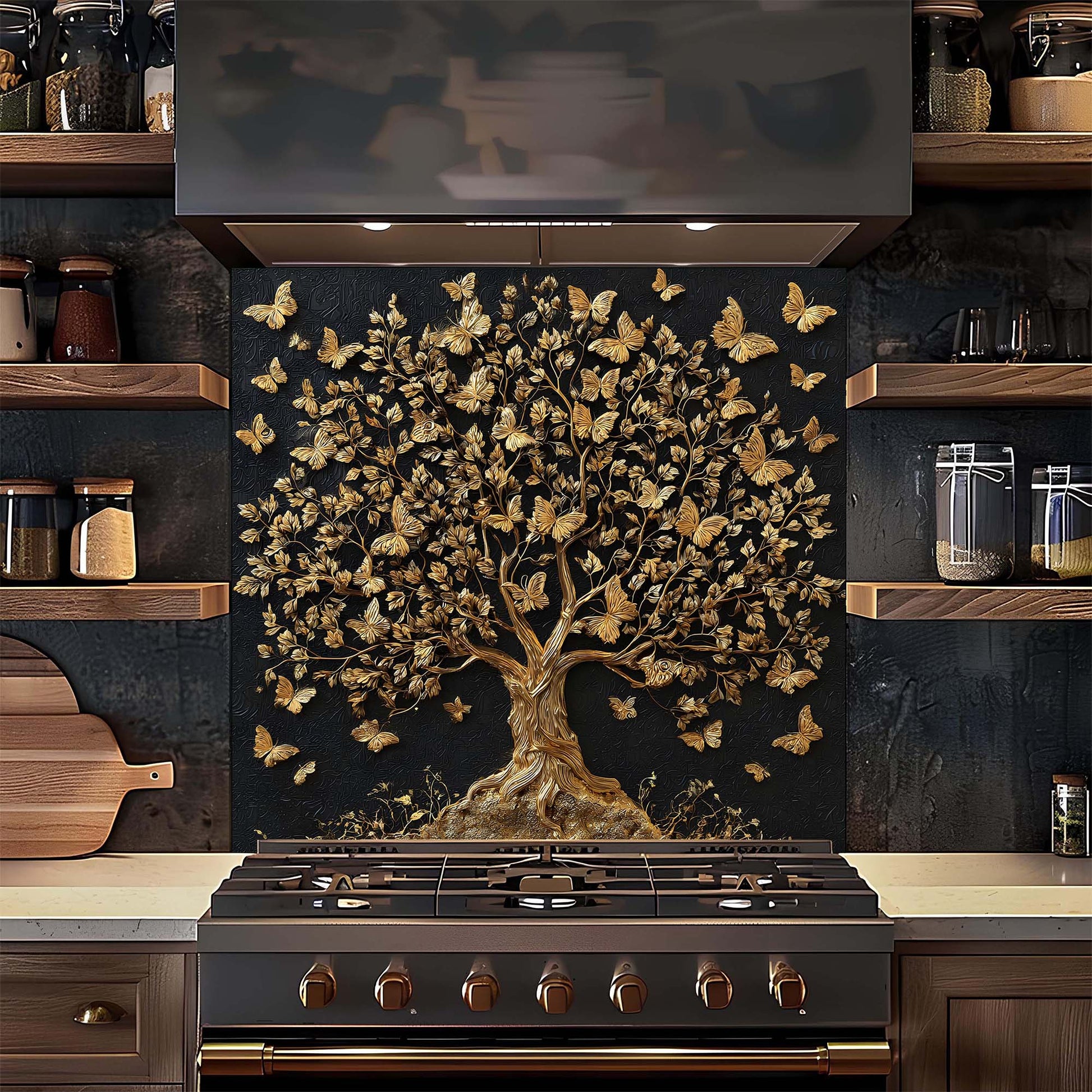 Decorative wall art with a tree and butterflies above a stove in a kitchen.
