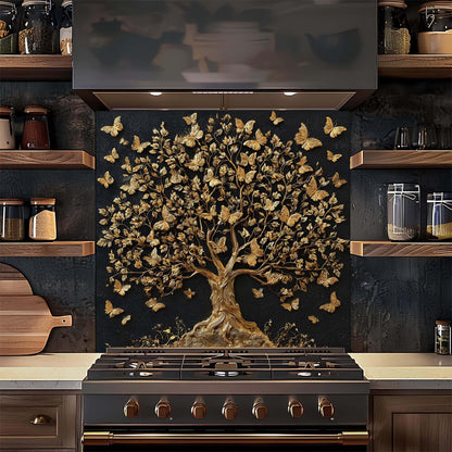 Decorative wall art with a tree and butterflies above a stove in a kitchen.