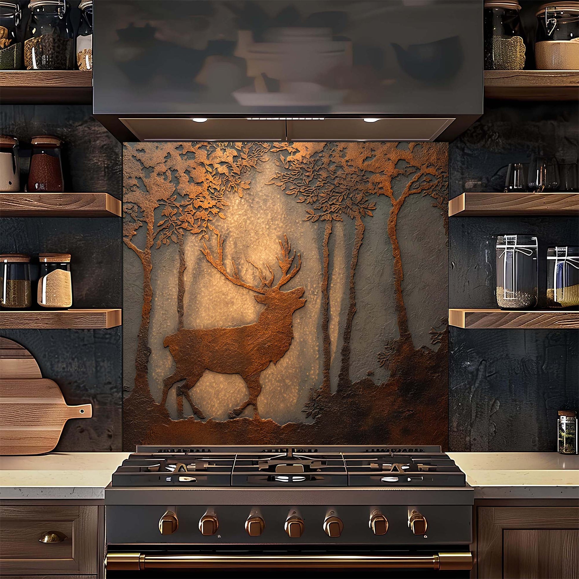 Decorative glass backsplash with deer design above a stove in a kitchen.