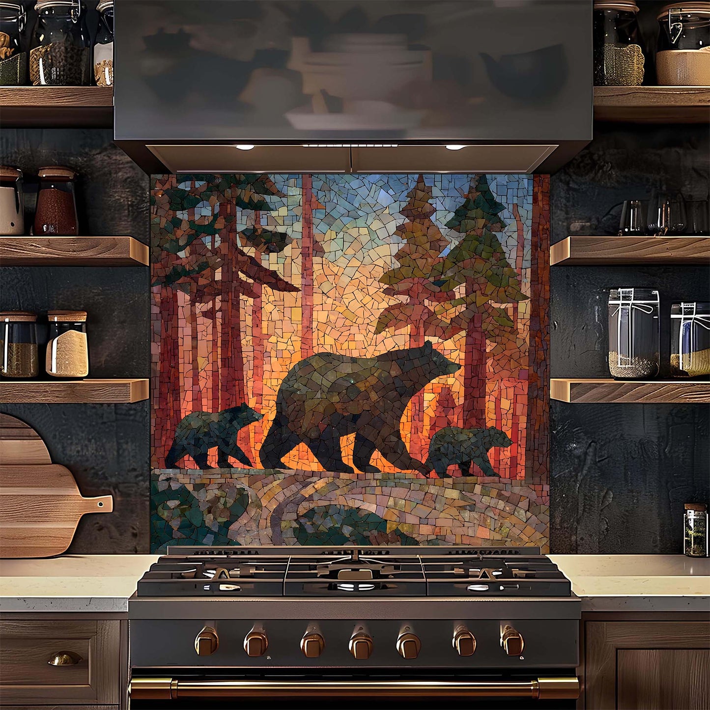 Kitchen with a mosaic glass backsplash featuring bears and trees