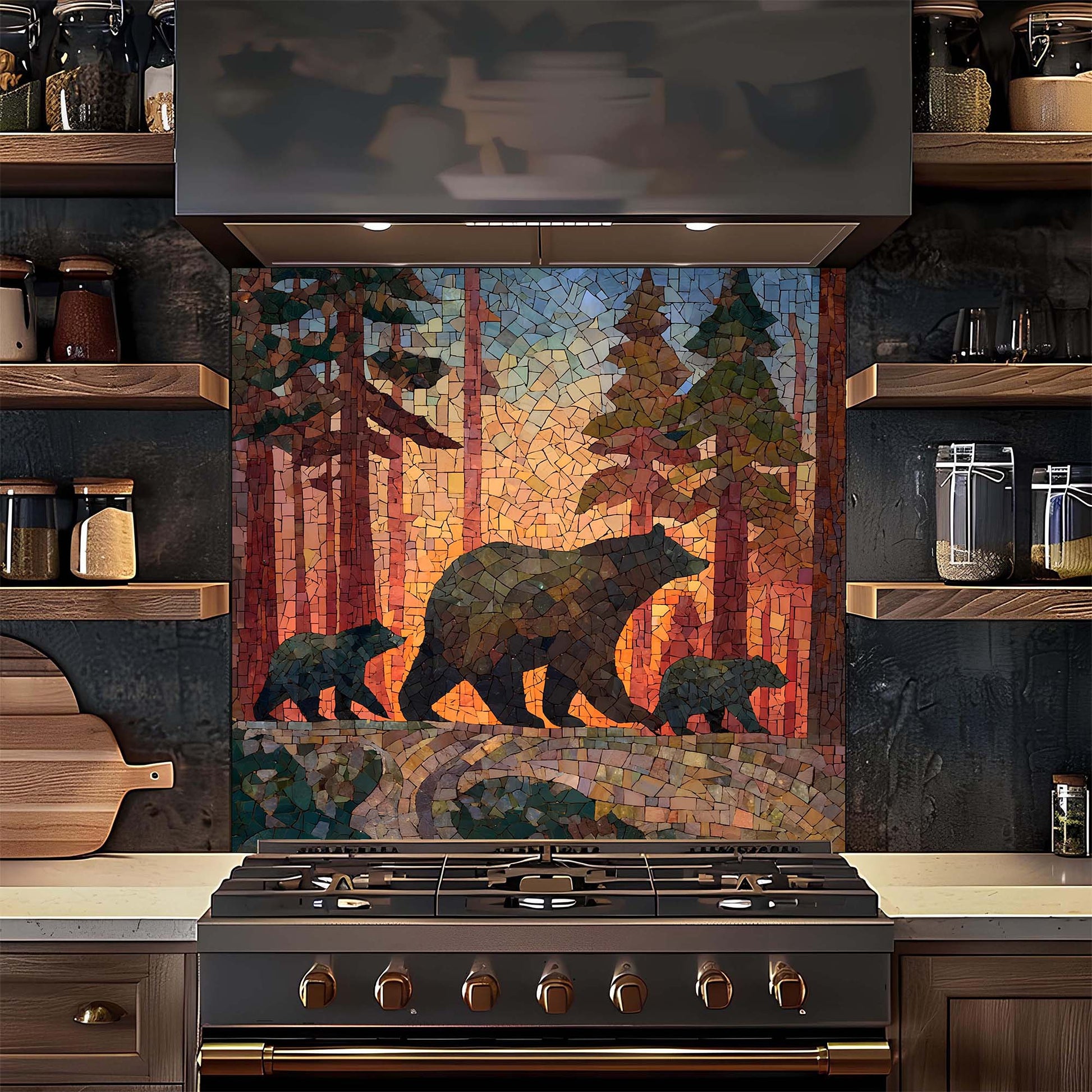 Kitchen with a mosaic glass backsplash featuring bears and trees