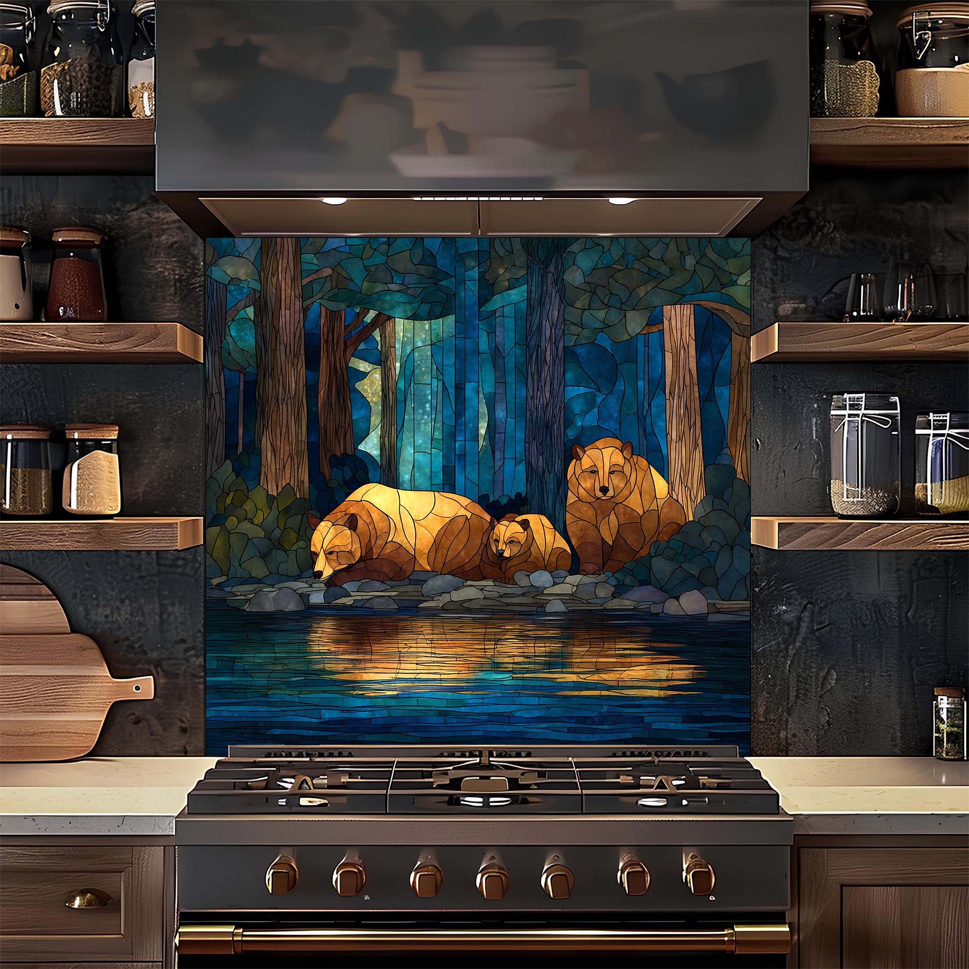 Decorative backsplash with bears in a forest design above a stove in a kitchen.