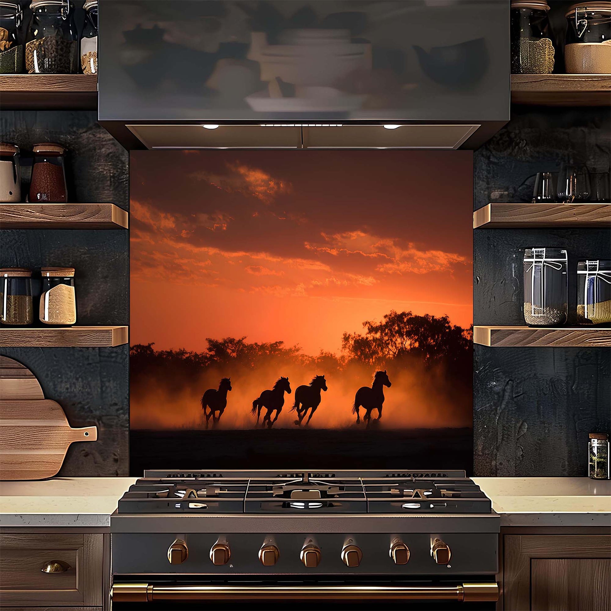 Stainless steel stove with a decorative glass backsplash featuring a sunset scene with horses.