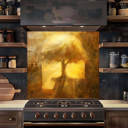 Kitchen with a decorative backsplash featuring a tree design above a stove.