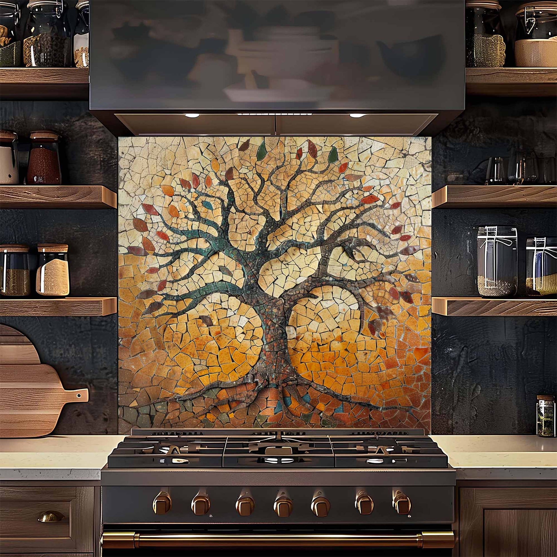 Kitchen with a decorative mosaic tree backsplash above a stove.