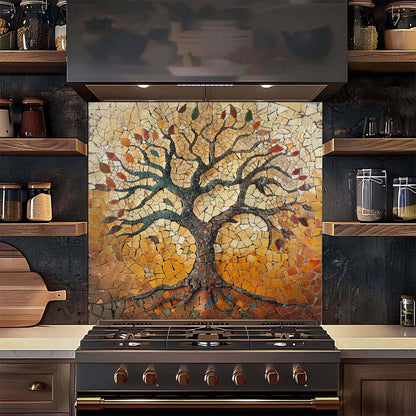 Kitchen with a decorative mosaic tree backsplash above a stove.