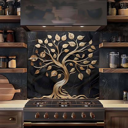 Decorative backsplash with tree design above a stove in a kitchen.
