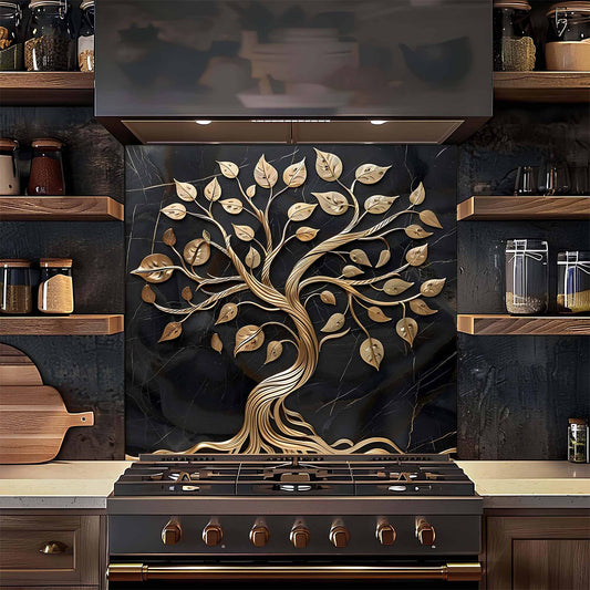 Decorative backsplash with tree design above a stove in a kitchen.