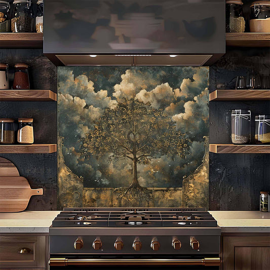 Kitchen with a decorative wall panel featuring a tree and clouds above a stove.