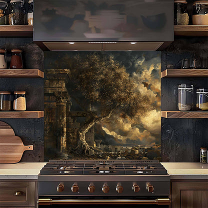 Kitchen with a decorative backsplash featuring a tree and ruins, above a stove.