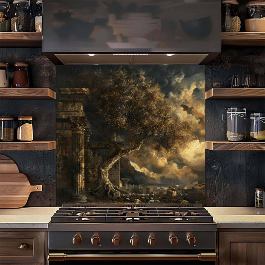 Kitchen with a decorative backsplash featuring a tree and ruins, above a stove.