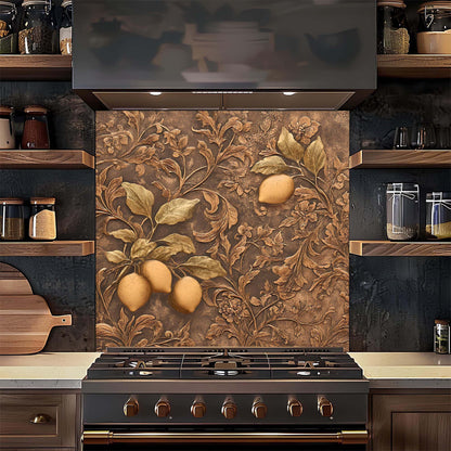 Decorative backsplash with lemon design above a stove in a kitchen.