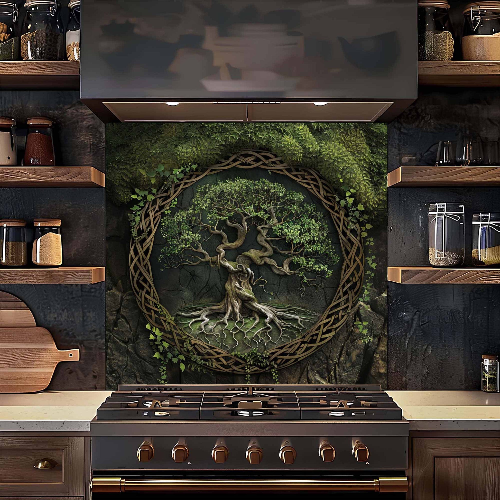 Kitchen with a decorative wall panel featuring a tree design above a stove.