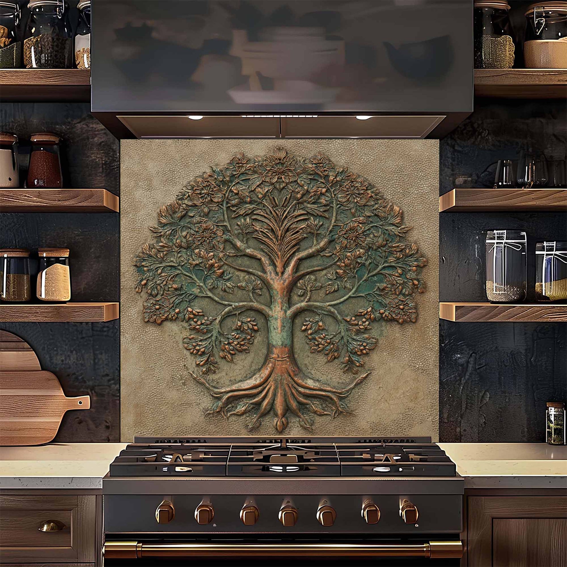 Decorative backsplash of a tree on a kitchen backsplash with stovetop below.