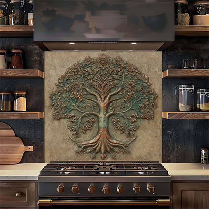 Decorative backsplash of a tree on a kitchen backsplash with stovetop below.