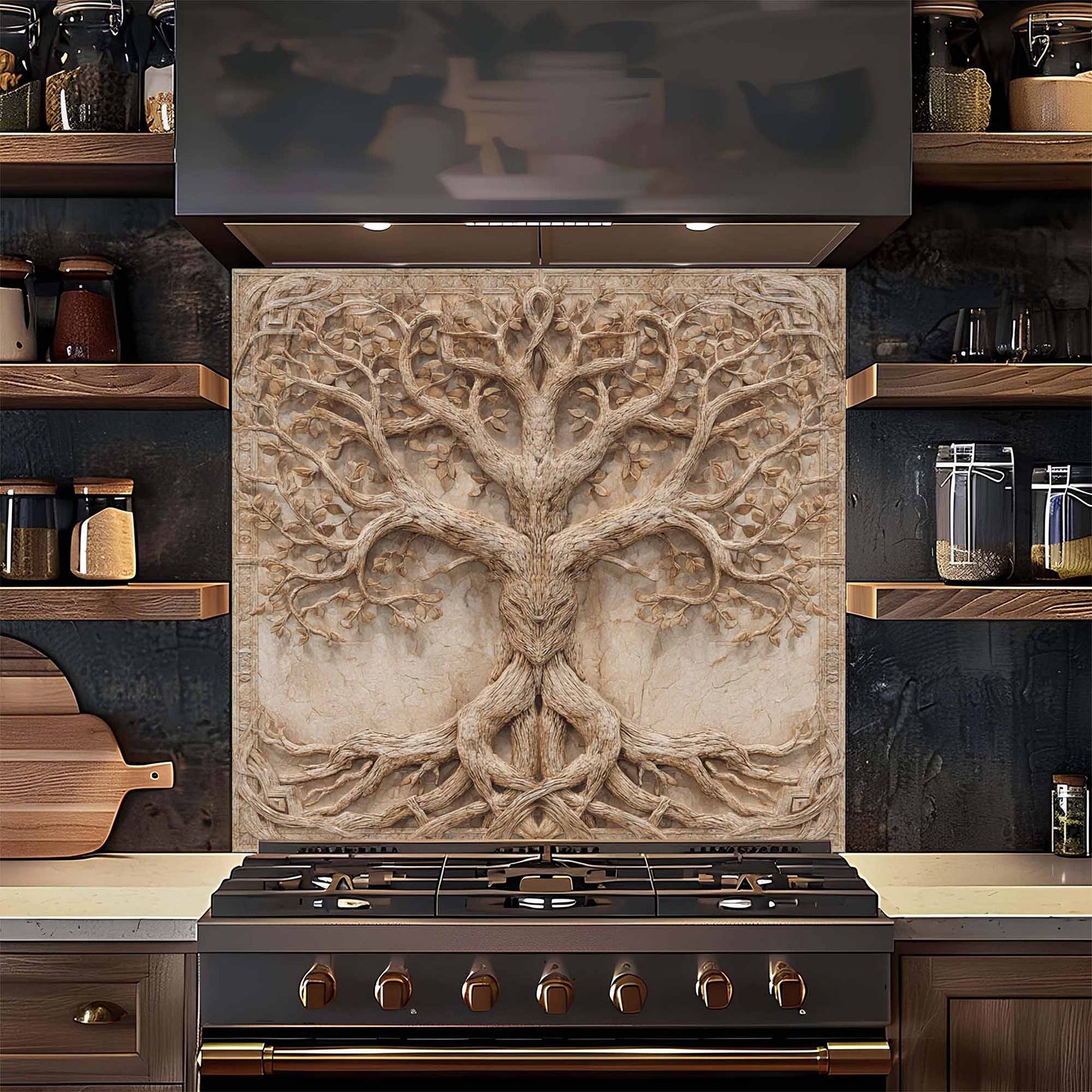Decorative backsplash with tree design above a stove in a kitchen setting.