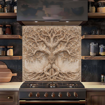 Decorative backsplash with tree design above a stove in a kitchen setting.