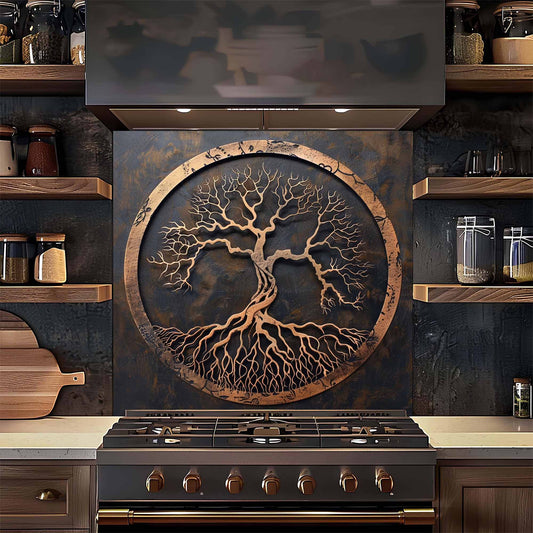 Stove backsplash with decorative tree design on the wall in a kitchen setting